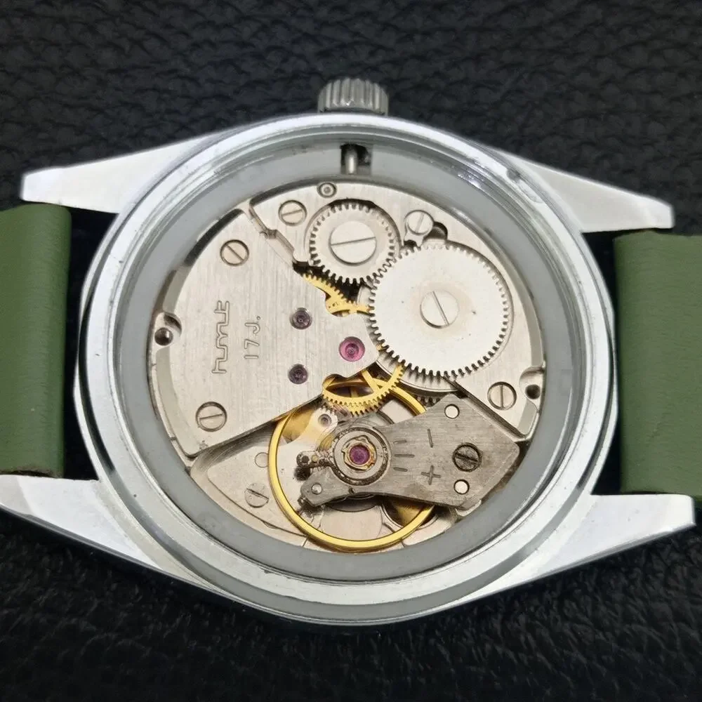 Vintage 1977 HMT Manual Wound Mens Silver Watch & Green accents